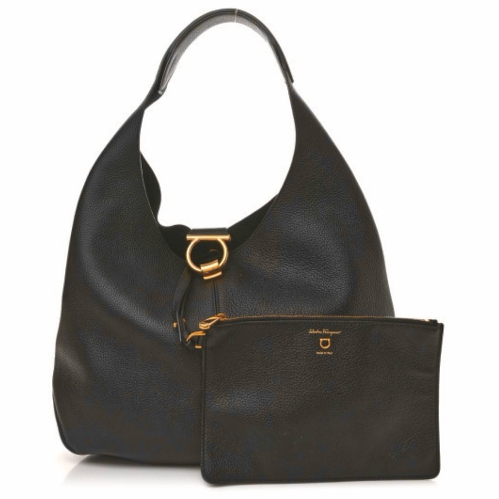 SALVATORE FERRAGAMO Calfskin Margot Hobo Black removable pouch wristlet/dust bag